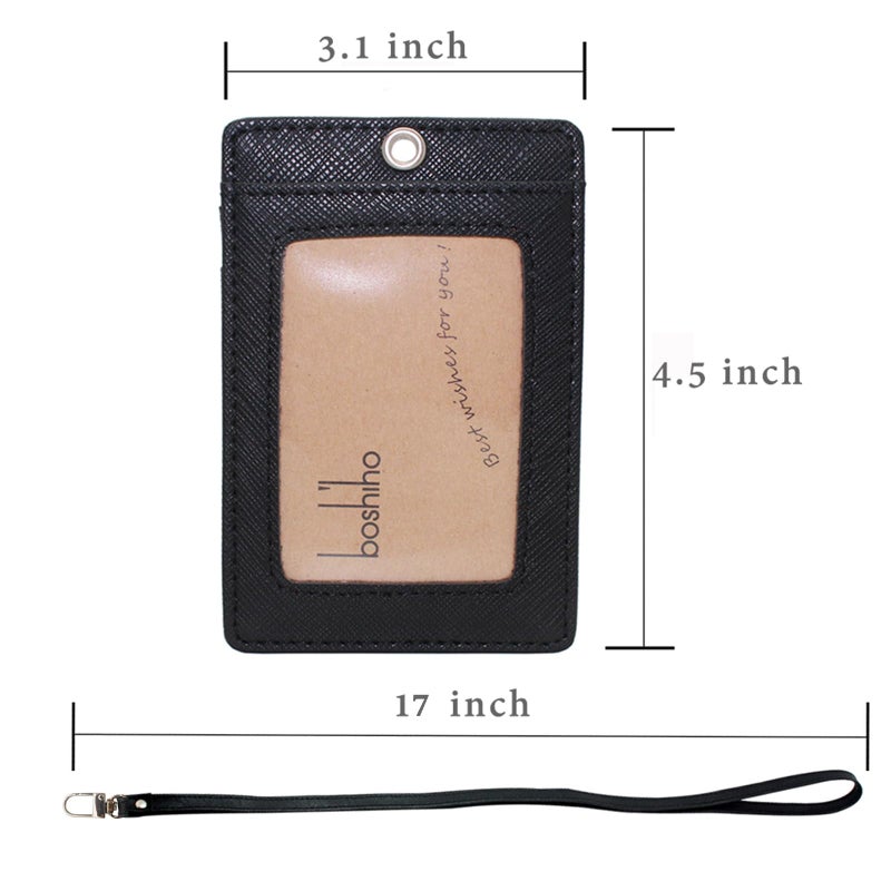 Boshiho Vertical Style Leather ID Card Badge Holder with Heavy Duty Lanyard (Black 2) - Image 4